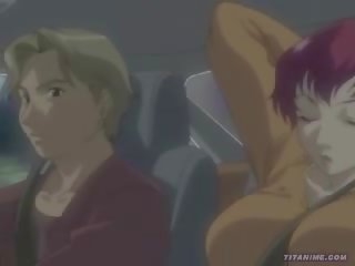 Hentai couple gets turned on inside a car